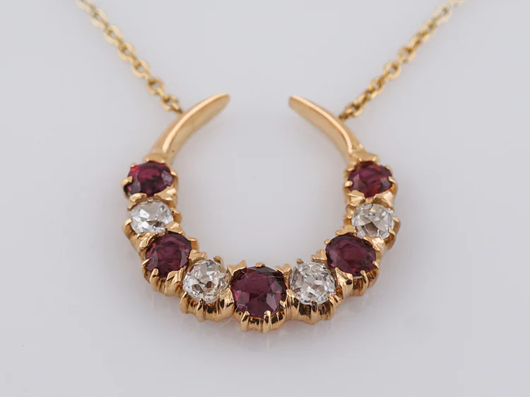 Antique Necklace Victorian .80 Old Mine Cut Diamonds & 1.46 Round Cut Rubies in 14k Yellow Gold - Image 2