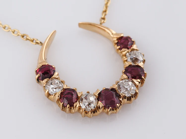 Antique Necklace Victorian .80 Old Mine Cut Diamonds & 1.46 Round Cut Rubies in 14k Yellow Gold - Image 3