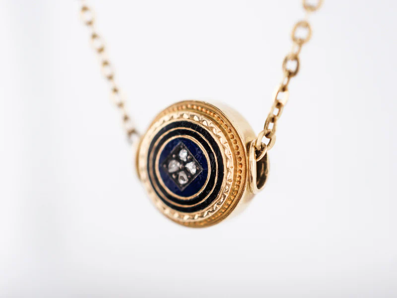 Antique Necklace Victorian Enamel Slide Pendant.08 Rose Cut Diamonds in 18k Yellow Gold - Image 2