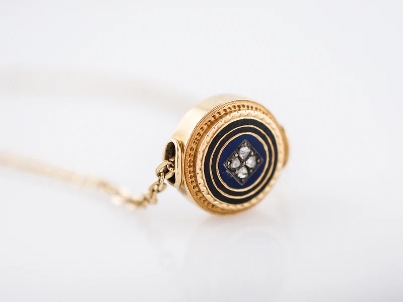 Antique Necklace Victorian Enamel Slide Pendant.08 Rose Cut Diamonds in 18k Yellow Gold - Image 3