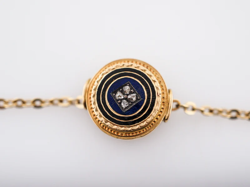 Antique Necklace Victorian Enamel Slide Pendant.08 Rose Cut Diamonds in 18k Yellow Gold - Image 5