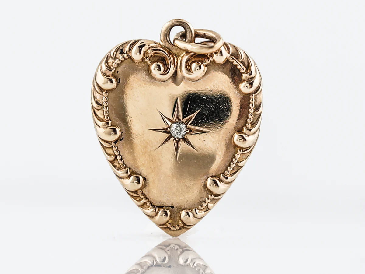 Antique Pendant Charm Engraved Locket Edwardian .03 Old Mine Cut Diamond in 14k Yellow Gold - Image 2