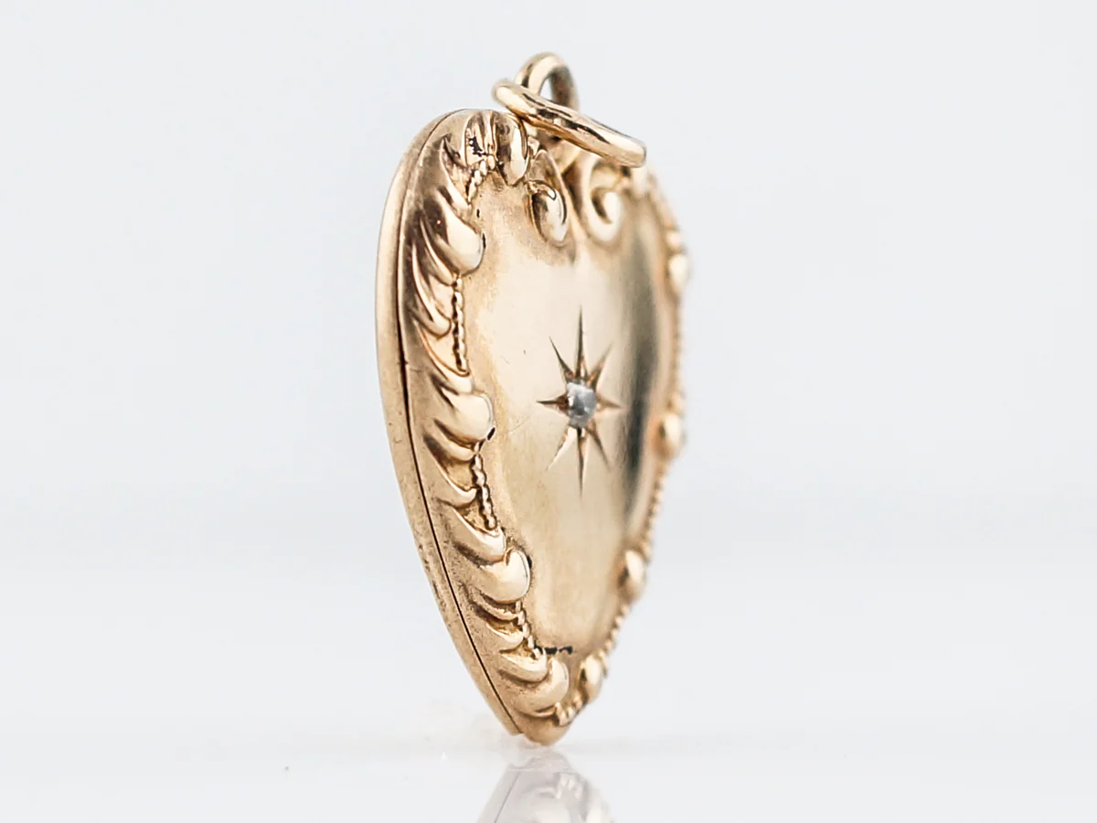 Antique Pendant Charm Engraved Locket Edwardian .03 Old Mine Cut Diamond in 14k Yellow Gold - Image 3