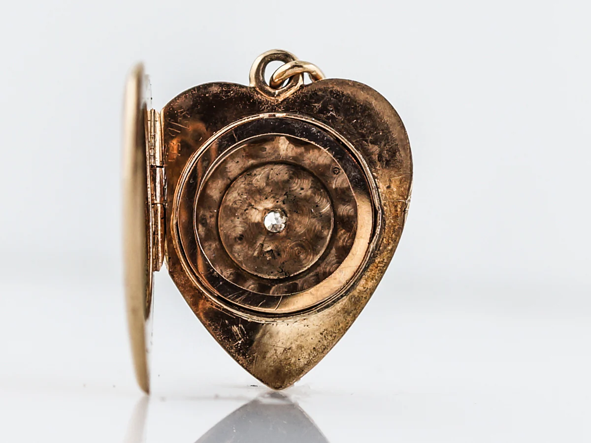 Antique Pendant Charm Engraved Locket Edwardian .03 Old Mine Cut Diamond in 14k Yellow Gold - Image 4