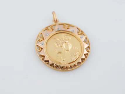 Antique Pendant Charm Gold Disc Art Nouveau 18k Yellow Gold - Image 2