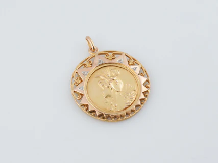 Antique Pendant Charm Gold Disc Art Nouveau 18k Yellow Gold - Image 4