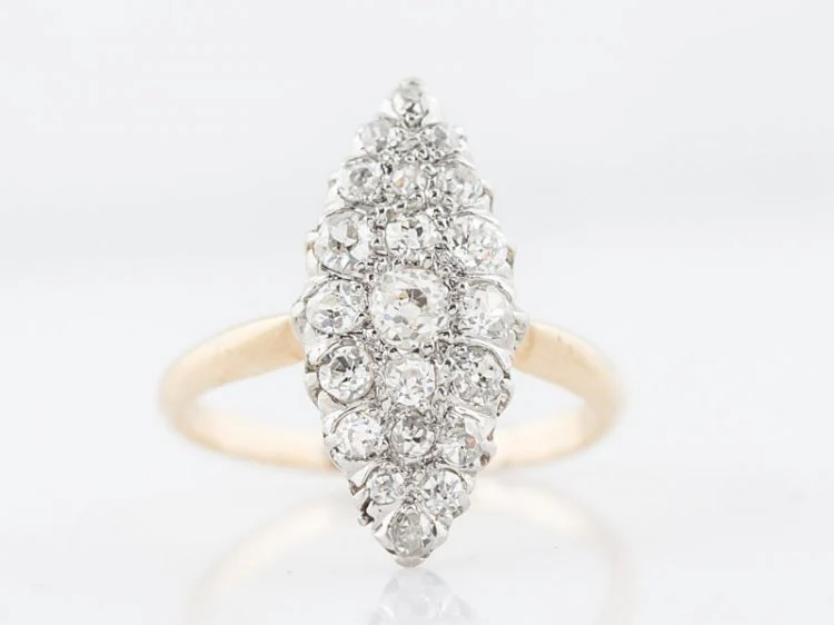 Antique Right Hand Navette Ring Victorian .95 cttw Old Mine Cut Diamonds in 18k Yellow Gold