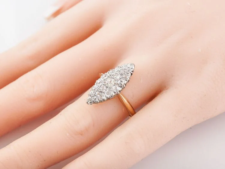 Antique Right Hand Navette Ring Victorian .95 cttw Old Mine Cut Diamonds in 18k Yellow Gold - Image 5