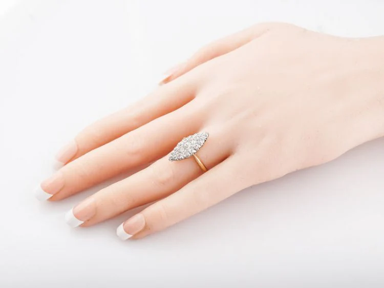 Antique Right Hand Navette Ring Victorian .95 cttw Old Mine Cut Diamonds in 18k Yellow Gold - Image 6