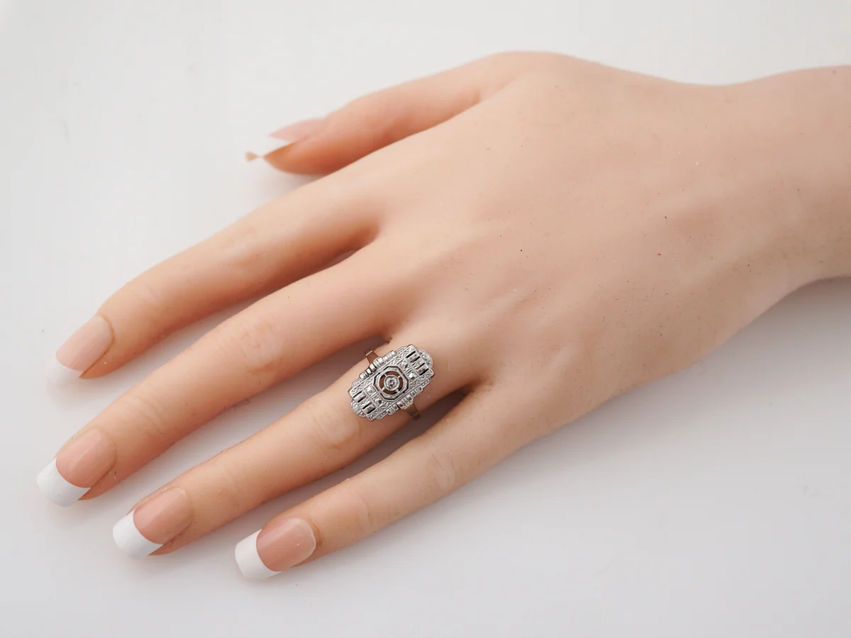Antique Right Hand Ring Art Deco .05 Round Brilliant Cut Diamond in 14k White Gold - Image 6