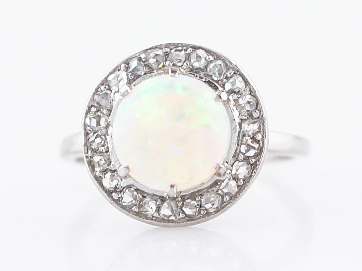 Antique Right Hand Ring Art Deco 1.00 Cabochon Cut Opal & .23 Rose Cut Diamonds in Platinum