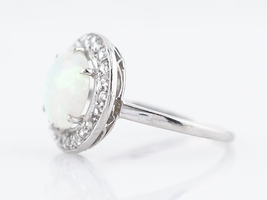 Antique Right Hand Ring Art Deco 1.00 Cabochon Cut Opal & .23 Rose Cut Diamonds in Platinum - Image 2