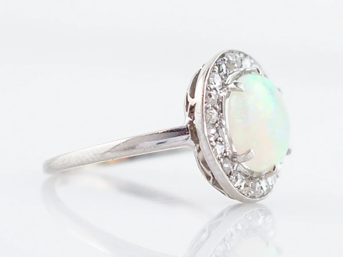 Antique Right Hand Ring Art Deco 1.00 Cabochon Cut Opal & .23 Rose Cut Diamonds in Platinum - Image 3
