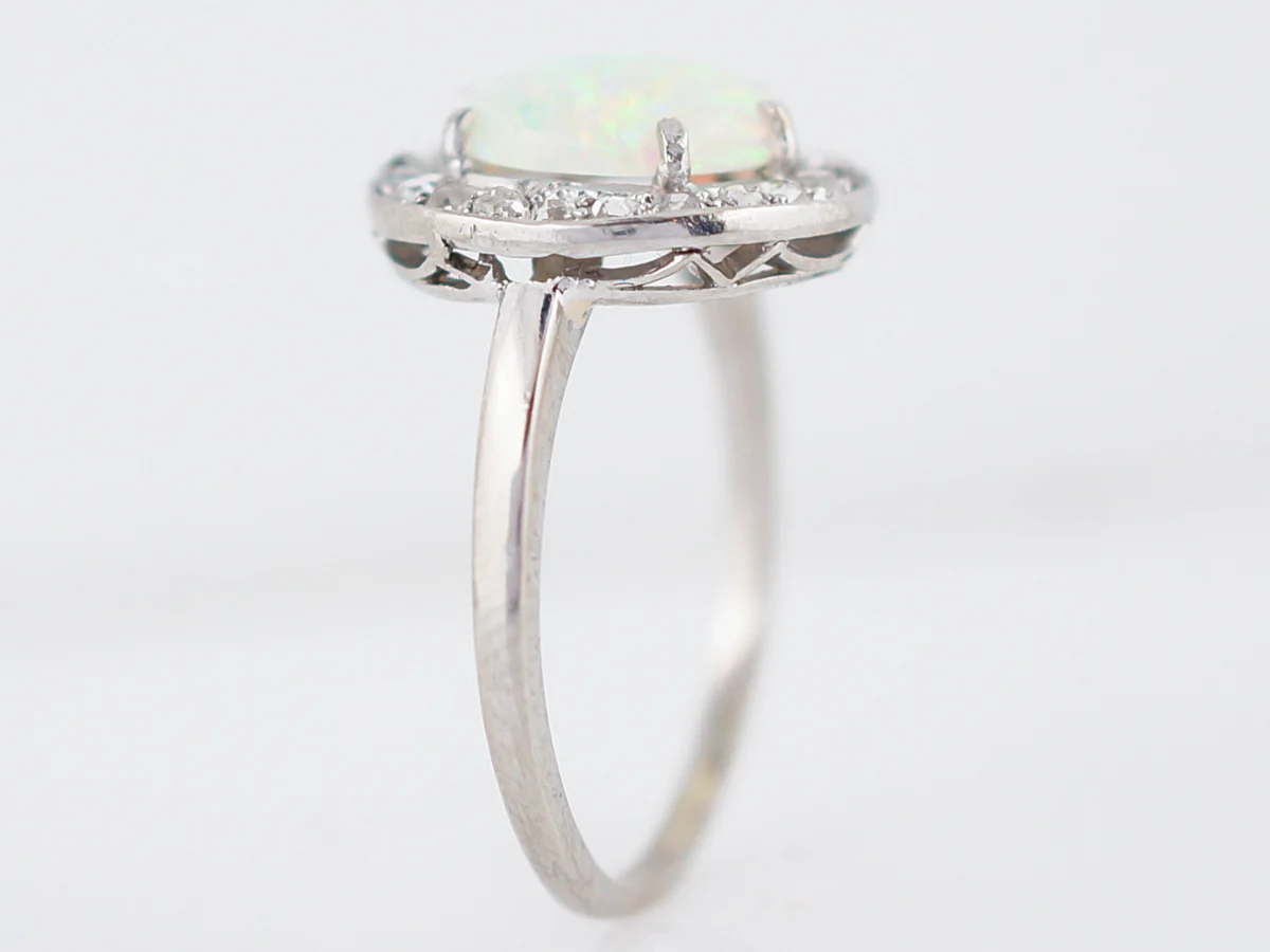 Antique Right Hand Ring Art Deco 1.00 Cabochon Cut Opal & .23 Rose Cut Diamonds in Platinum - Image 4