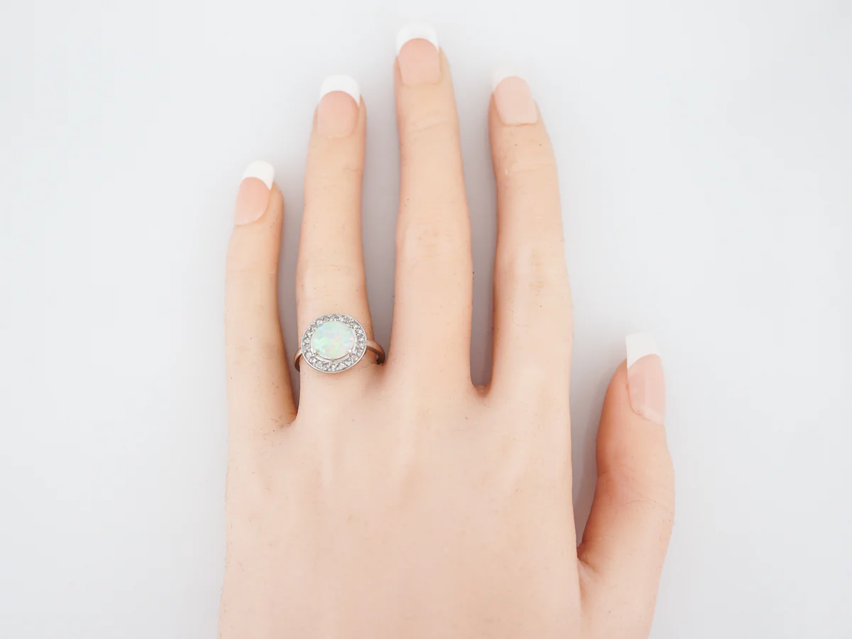 Antique Right Hand Ring Art Deco 1.00 Cabochon Cut Opal & .23 Rose Cut Diamonds in Platinum - Image 5