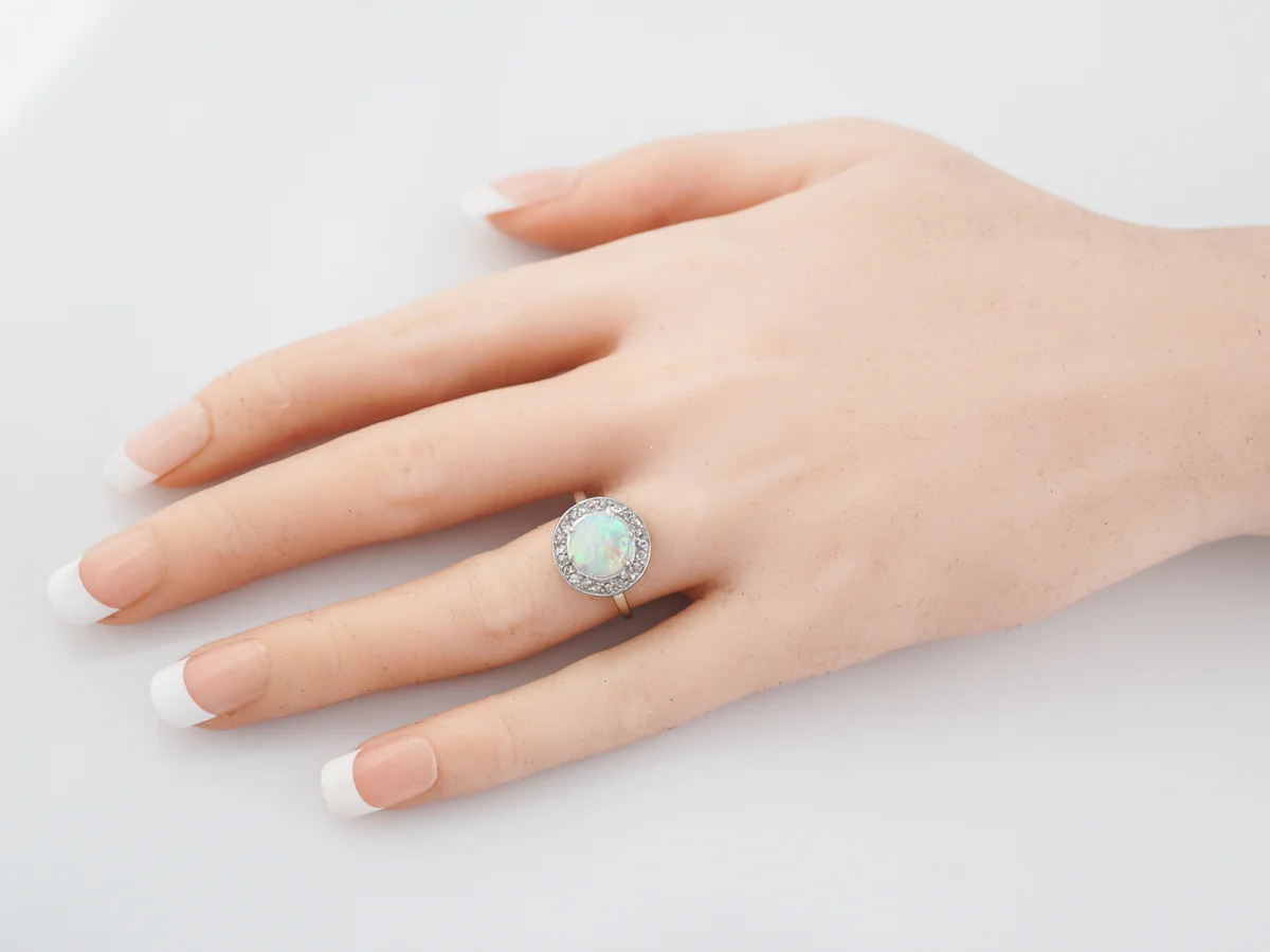 Antique Right Hand Ring Art Deco 1.00 Cabochon Cut Opal & .23 Rose Cut Diamonds in Platinum - Image 6