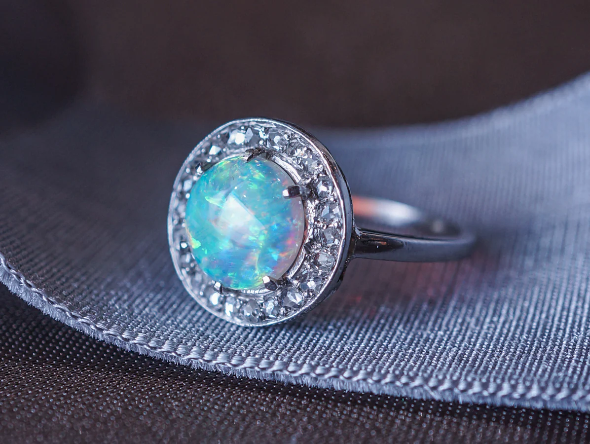 Antique Right Hand Ring Art Deco 1.00 Cabochon Cut Opal & .23 Rose Cut Diamonds in Platinum - Image 7