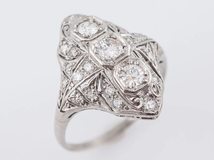 Antique Right Hand Ring Art Deco 1.05 Round Brilliant & Single Cut Diamonds in Platinum - Image 5