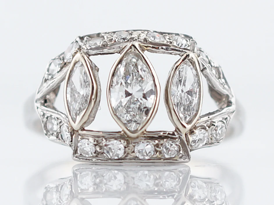 Antique Right Hand Ring Art Deco 1.11 Marquis & Single Cut Diamonds in Platinum
