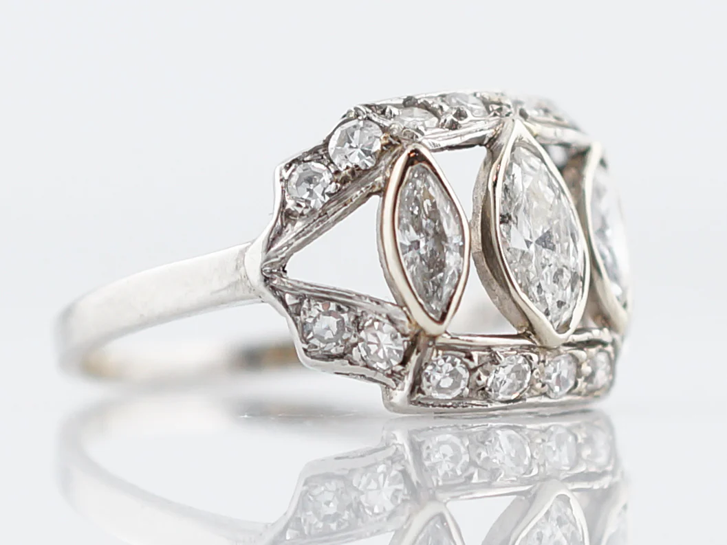 Antique Right Hand Ring Art Deco 1.11 Marquis & Single Cut Diamonds in Platinum - Image 3