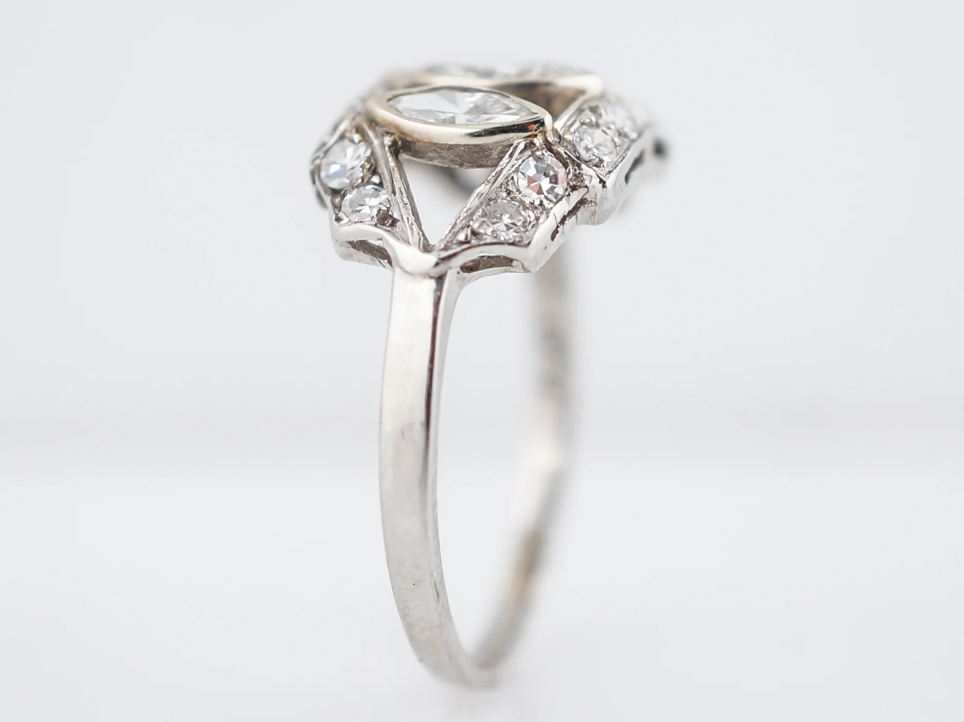 Antique Right Hand Ring Art Deco 1.11 Marquis & Single Cut Diamonds in Platinum - Image 4