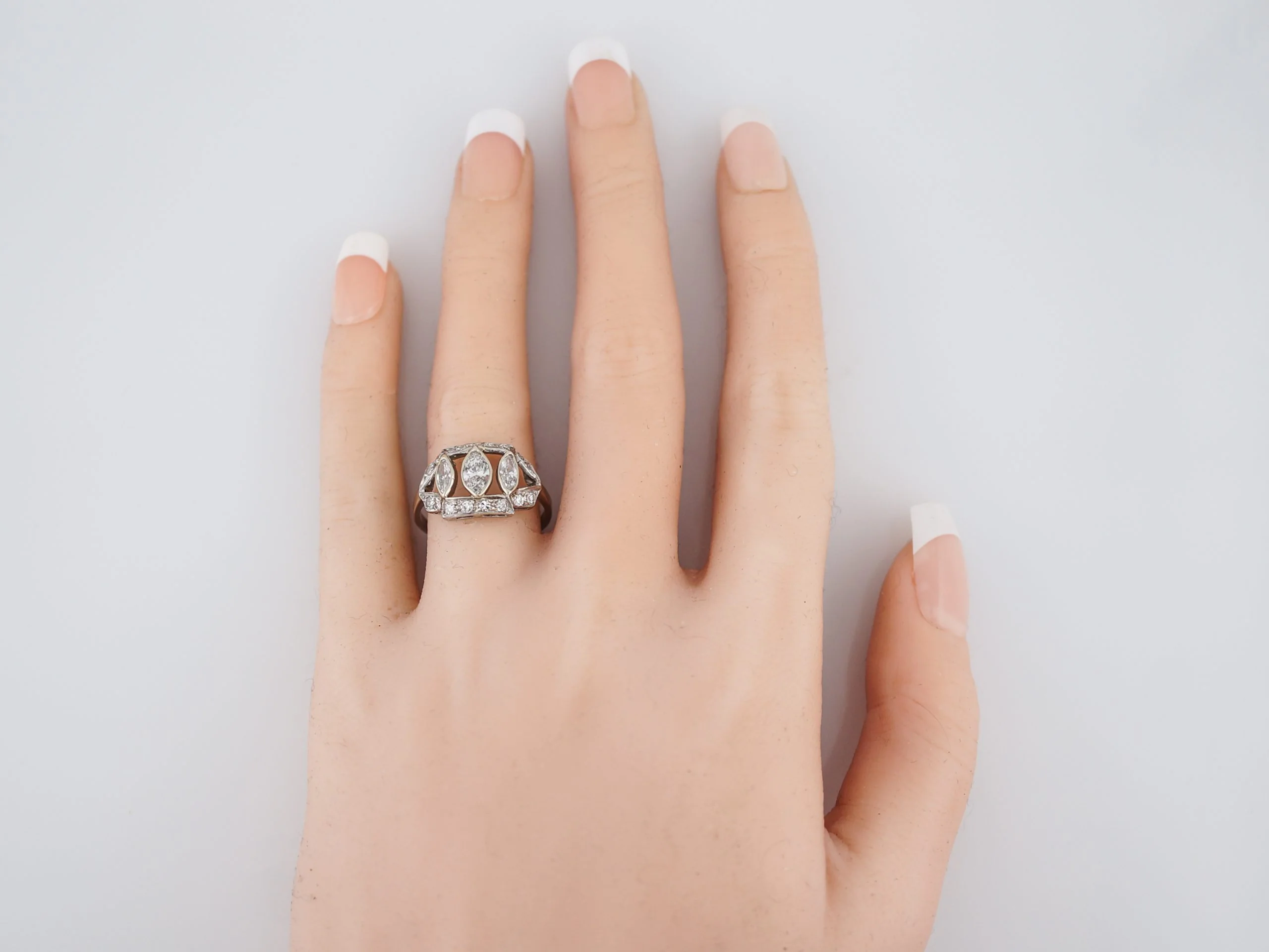 Antique Right Hand Ring Art Deco 1.11 Marquis & Single Cut Diamonds in Platinum - Image 5