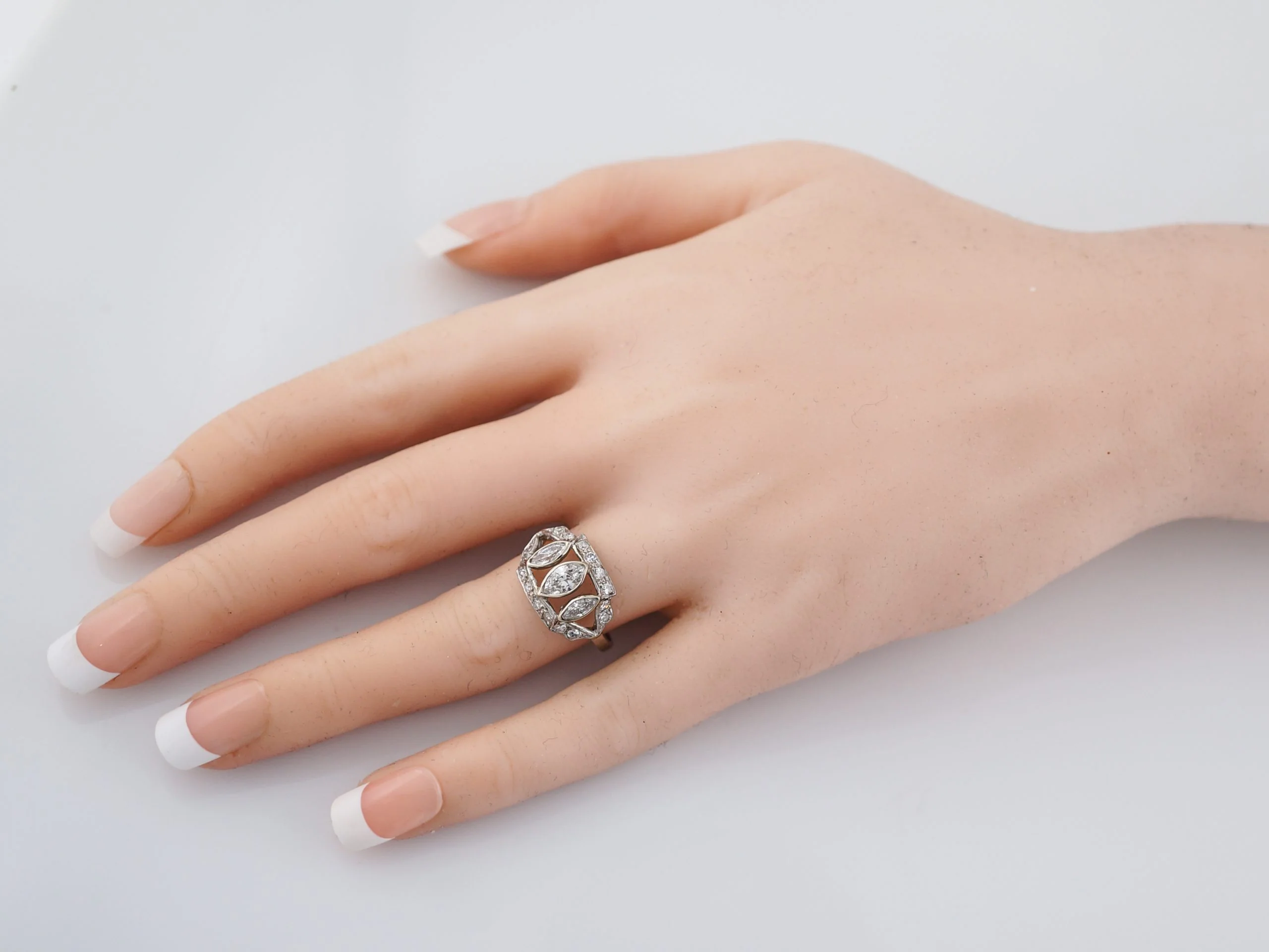 Antique Right Hand Ring Art Deco 1.11 Marquis & Single Cut Diamonds in Platinum - Image 6