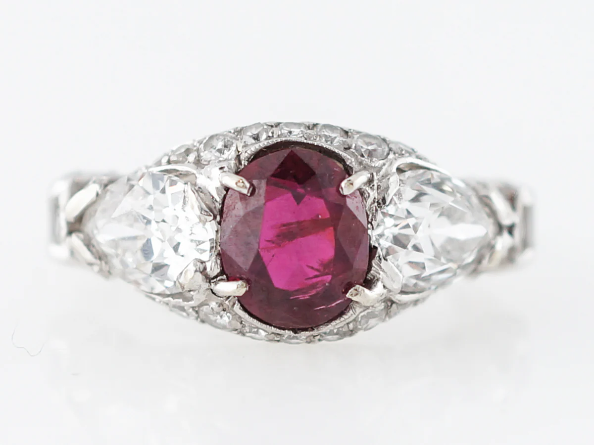 ***RTV11/23***Antique Right Hand Ring Art Deco 1.88 Oval Cut Ruby in Platinum