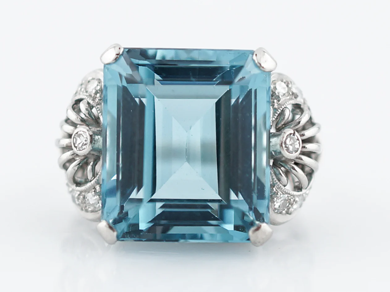 Antique Right Hand Ring Art Deco 12.40 Emerald Cut Aquamarine & .12 Single Cut Diamonds in Platinum - Image 2