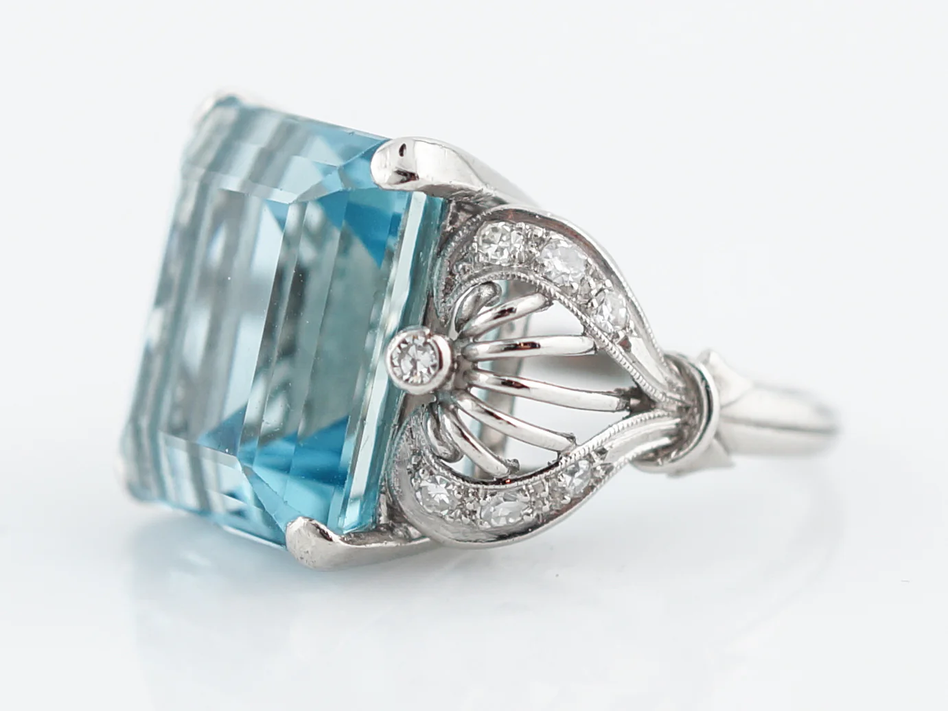 Antique Right Hand Ring Art Deco 12.40 Emerald Cut Aquamarine & .12 Single Cut Diamonds in Platinum - Image 3