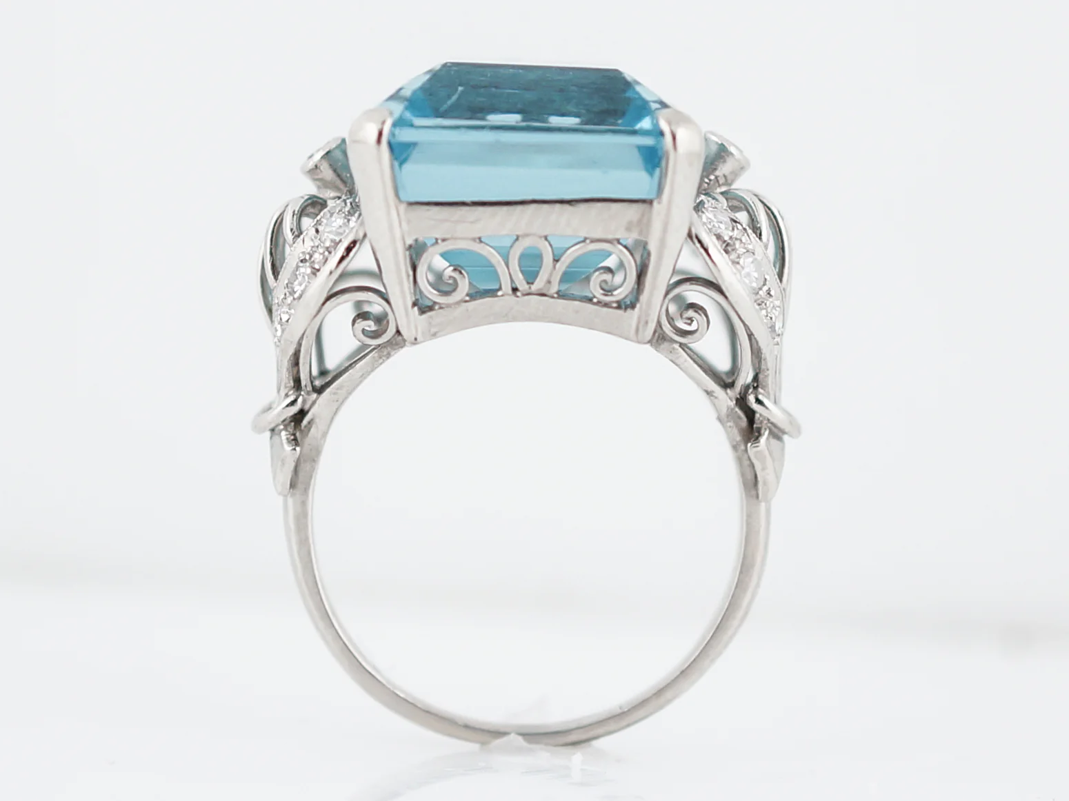 Antique Right Hand Ring Art Deco 12.40 Emerald Cut Aquamarine & .12 Single Cut Diamonds in Platinum - Image 5