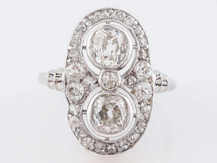Antique Right Hand Ring Art Deco 2.03 Old Mine Cut Diamonds in 14k White Gold