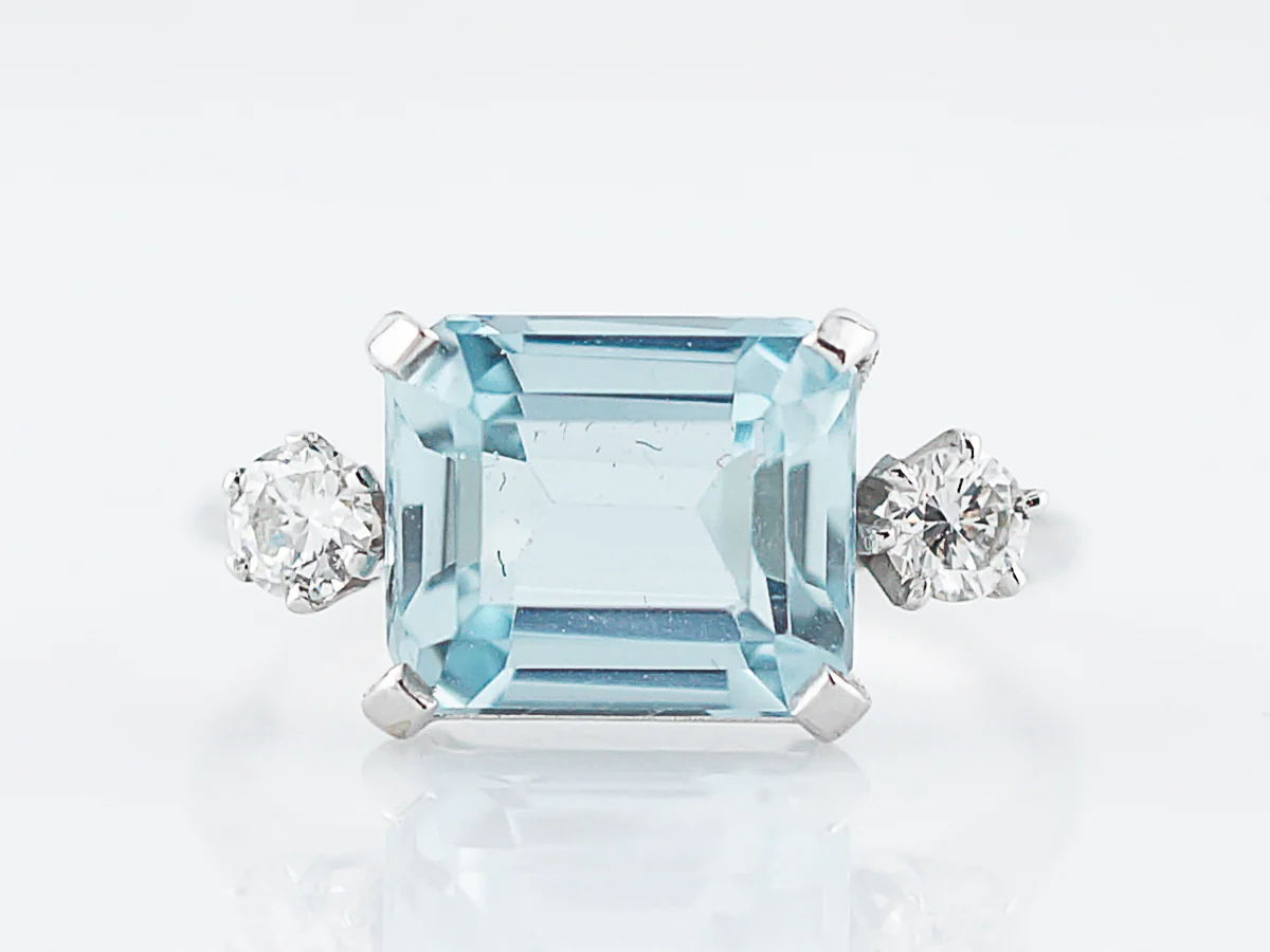 Antique Right Hand Ring Art Deco 2.71 Emerald Cut Aquamarine in Platinum - Image 2