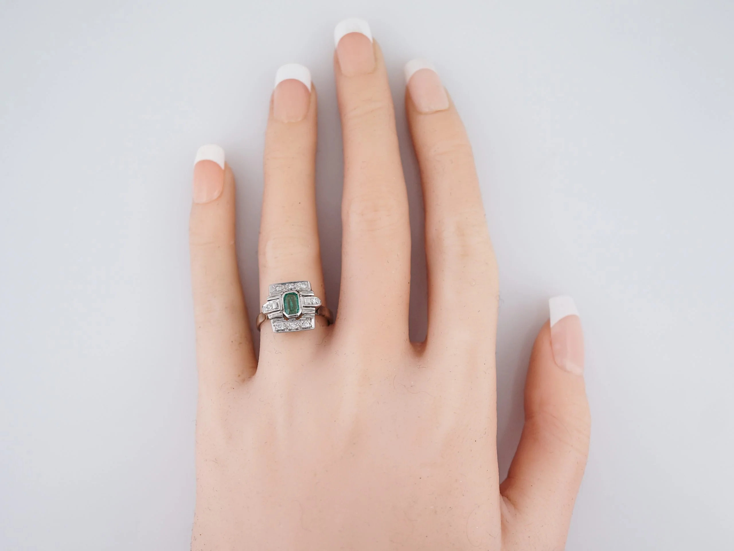 Antique Right Hand Ring Art Deco .32 Emerald Cut Emerald in 14k White Gold - Image 7