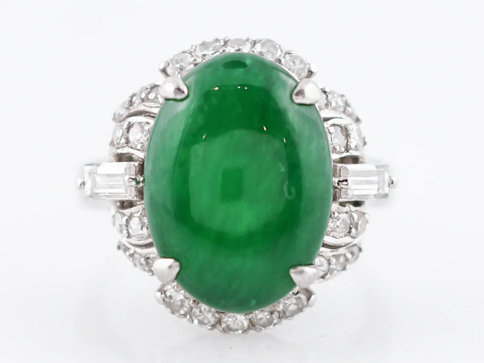 Antique Right Hand Ring Art Deco 5.67 Cabochon Cut Jade in Platinum