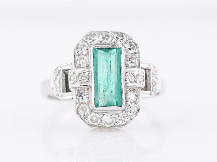 Antique Right Hand Ring Art Deco .57 Rectangular Emerald Cut Emerald in 14k White Gold