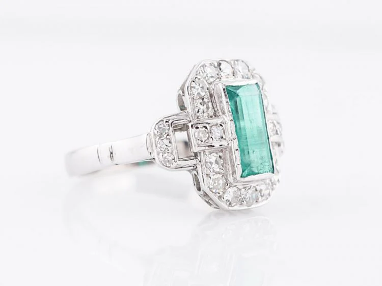 Antique Right Hand Ring Art Deco .57 Rectangular Emerald Cut Emerald in 14k White Gold - Image 2