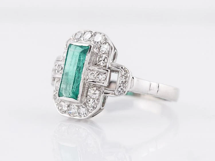 Antique Right Hand Ring Art Deco .57 Rectangular Emerald Cut Emerald in 14k White Gold - Image 3