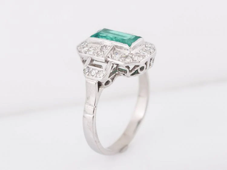 Antique Right Hand Ring Art Deco .57 Rectangular Emerald Cut Emerald in 14k White Gold - Image 5