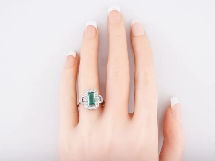 Antique Right Hand Ring Art Deco .57 Rectangular Emerald Cut Emerald in 14k White Gold - Image 6