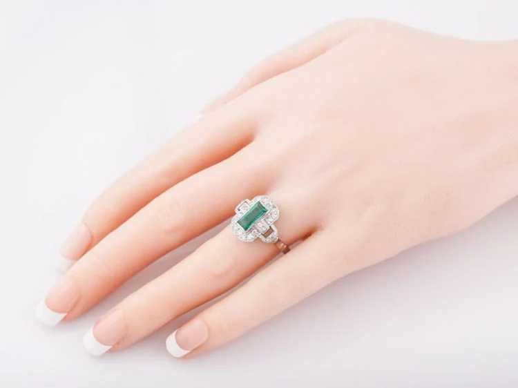 Antique Right Hand Ring Art Deco .57 Rectangular Emerald Cut Emerald in 14k White Gold - Image 7