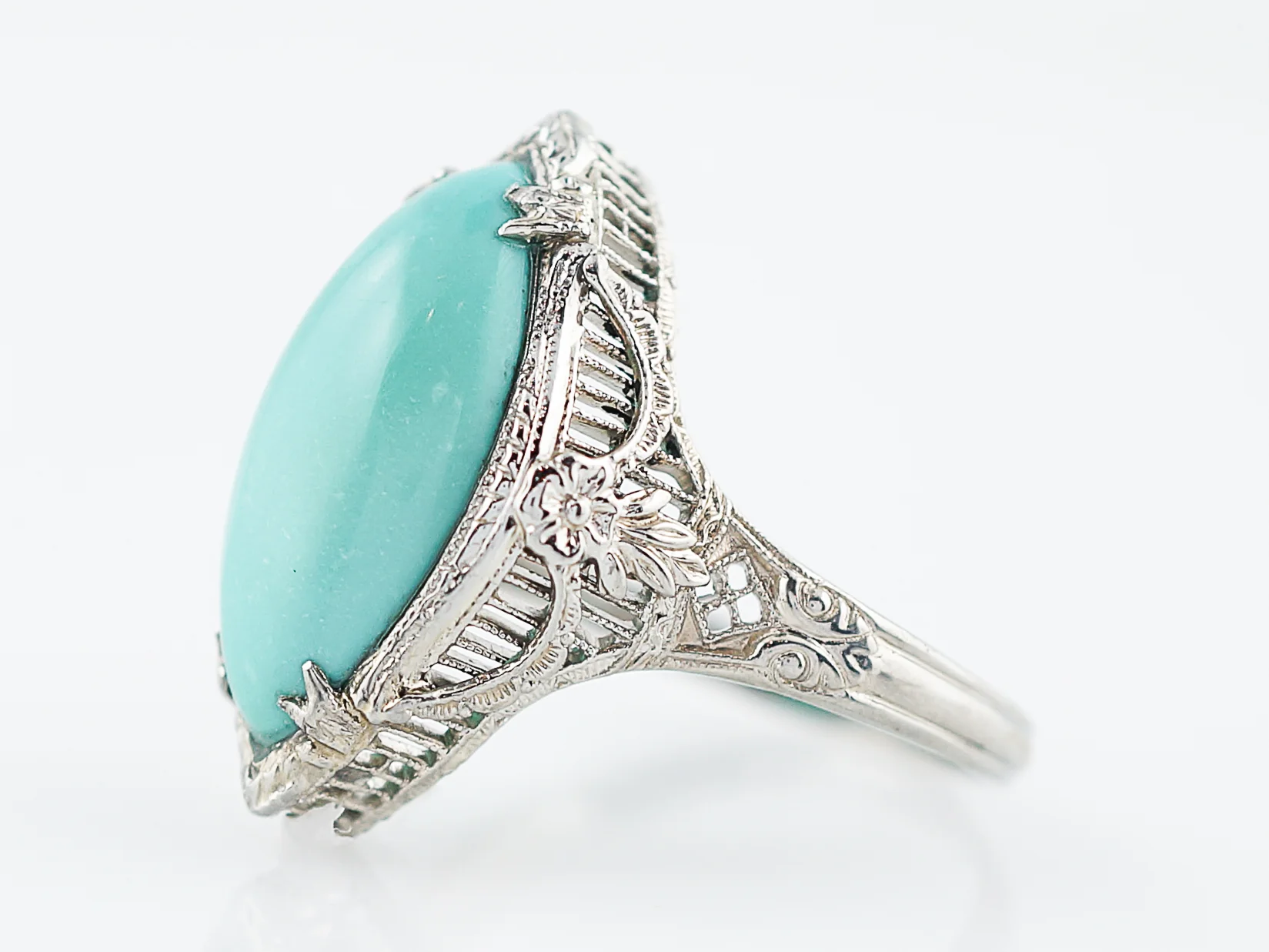 Antique Right Hand Ring Art Deco 6.18 Cabochon Cut Turquoise in 14K White Gold - Image 2
