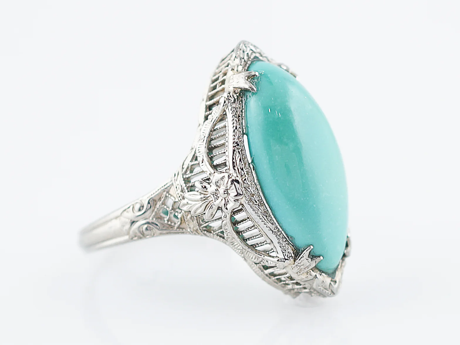 Antique Right Hand Ring Art Deco 6.18 Cabochon Cut Turquoise in 14K White Gold - Image 3