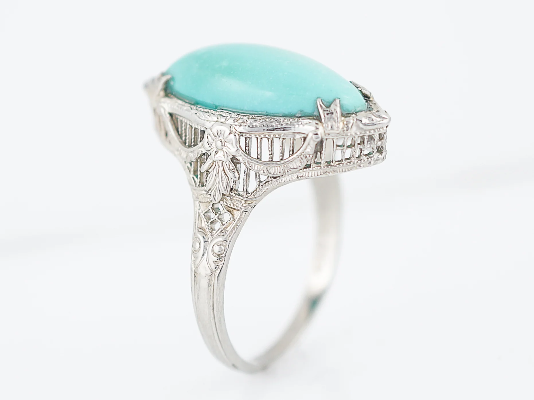 Antique Right Hand Ring Art Deco 6.18 Cabochon Cut Turquoise in 14K White Gold - Image 4