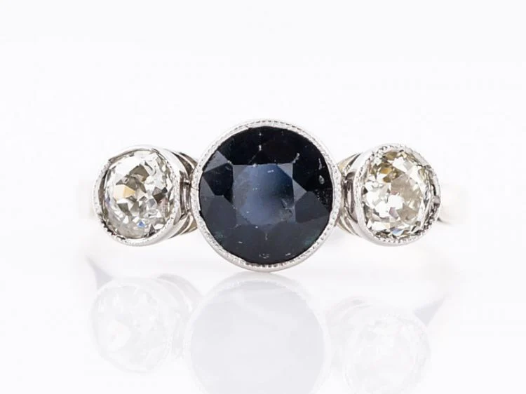 Antique Right Hand Ring Art Deco .92 Round Cut Sapphire & .21 Old Mine Cut Diamonds in 14k White Gold