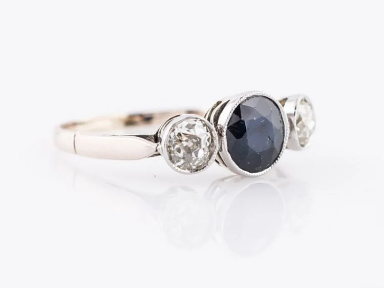 Antique Right Hand Ring Art Deco .92 Round Cut Sapphire & .21 Old Mine Cut Diamonds in 14k White Gold - Image 2