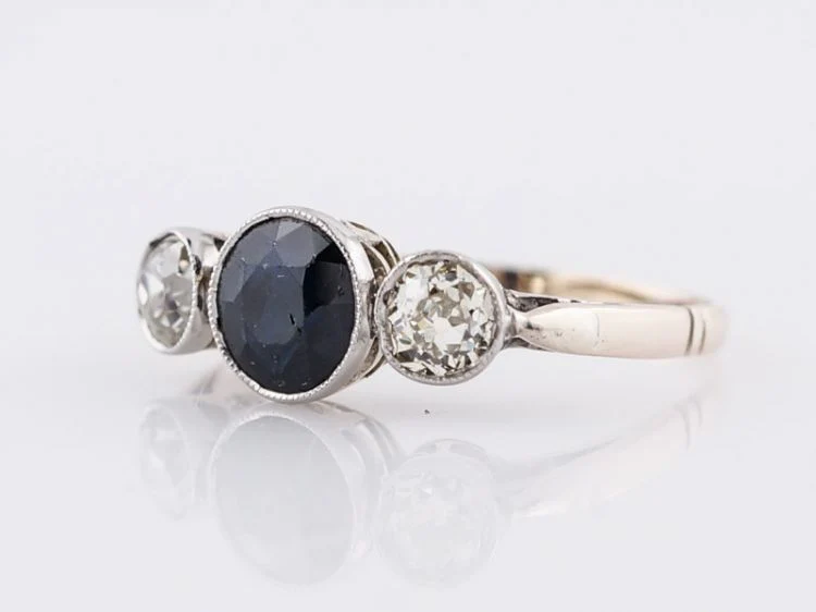 Antique Right Hand Ring Art Deco .92 Round Cut Sapphire & .21 Old Mine Cut Diamonds in 14k White Gold - Image 3