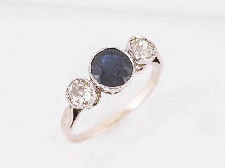 Antique Right Hand Ring Art Deco .92 Round Cut Sapphire & .21 Old Mine Cut Diamonds in 14k White Gold - Image 4