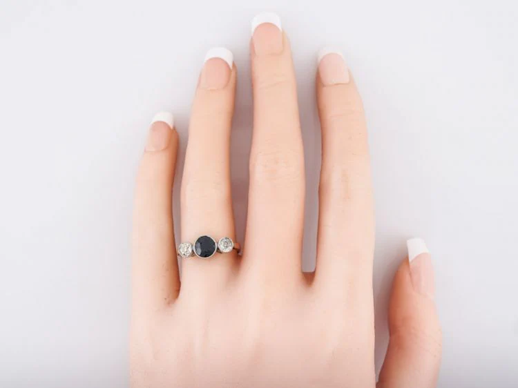 Antique Right Hand Ring Art Deco .92 Round Cut Sapphire & .21 Old Mine Cut Diamonds in 14k White Gold - Image 6