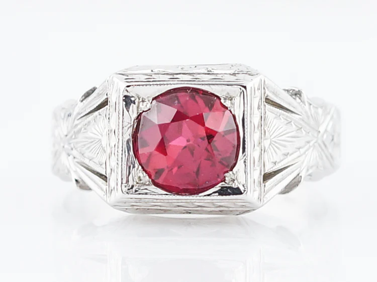 Antique Right Hand Ring Art Deco Belais Brothers 1.50 Round Cut Red Spinel in 18k White Gold